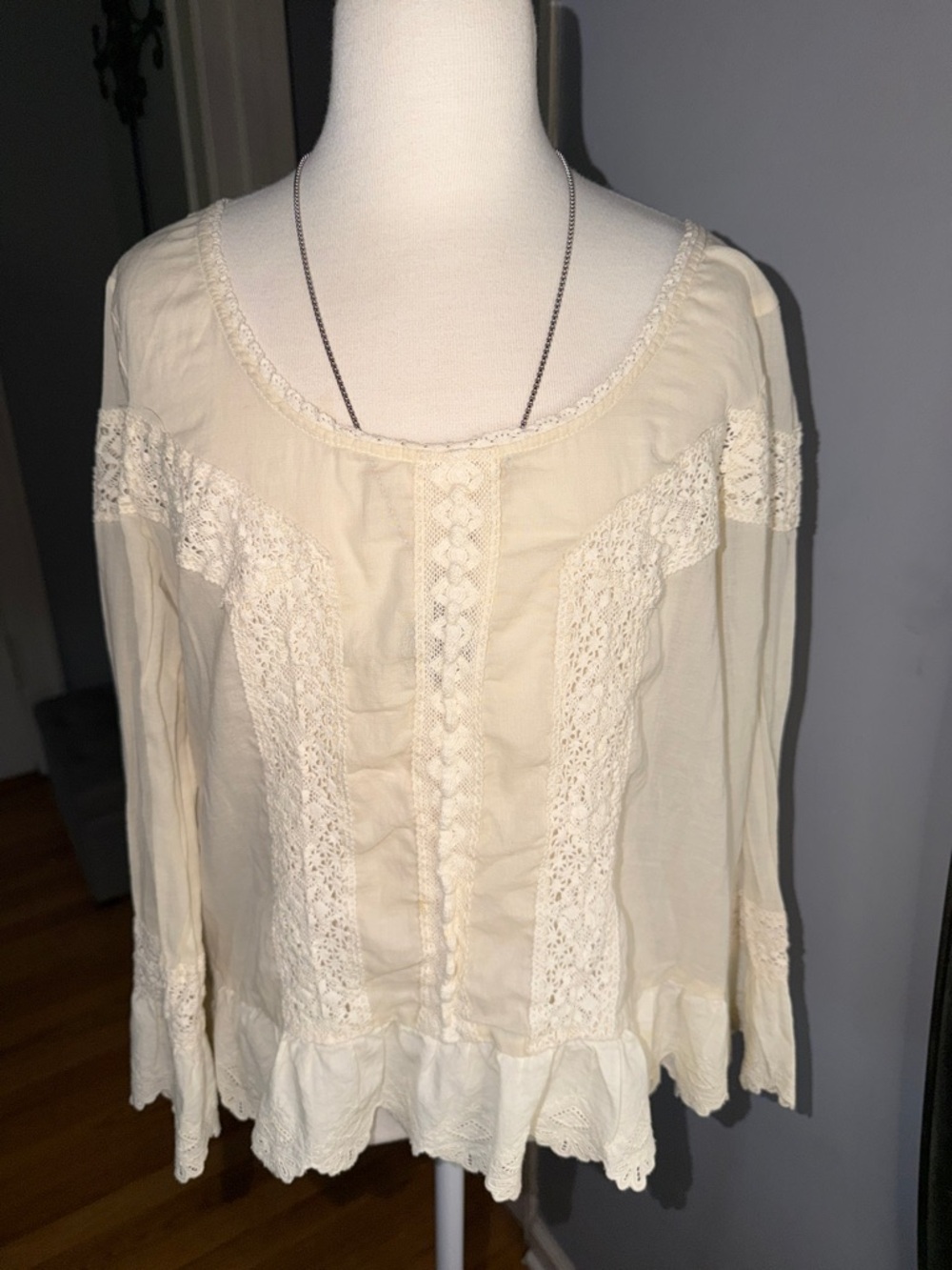 Free People 100% Cotton Cream Lace-Trim Bohemian Tunic